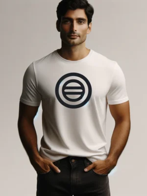 Person wearing Classic Comfort Tee featuring a subtle single-color logo, embodying casual elegance and simplicity