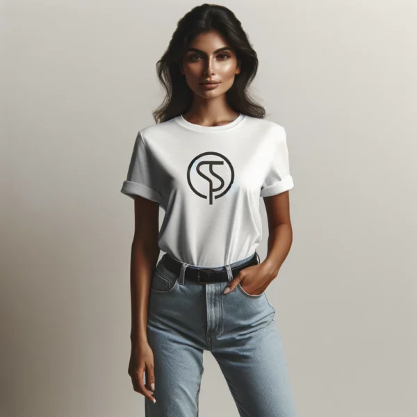 Woman wearing Classic Comfort Tee featuring a subtle single-color logo, embodying casual elegance and simplicity